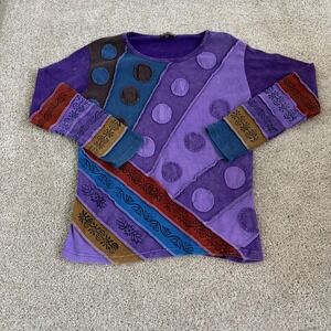 GreaterGood Shirt Womens Large Purple Boho Polka Dot Patchwork Long Sleeve Top